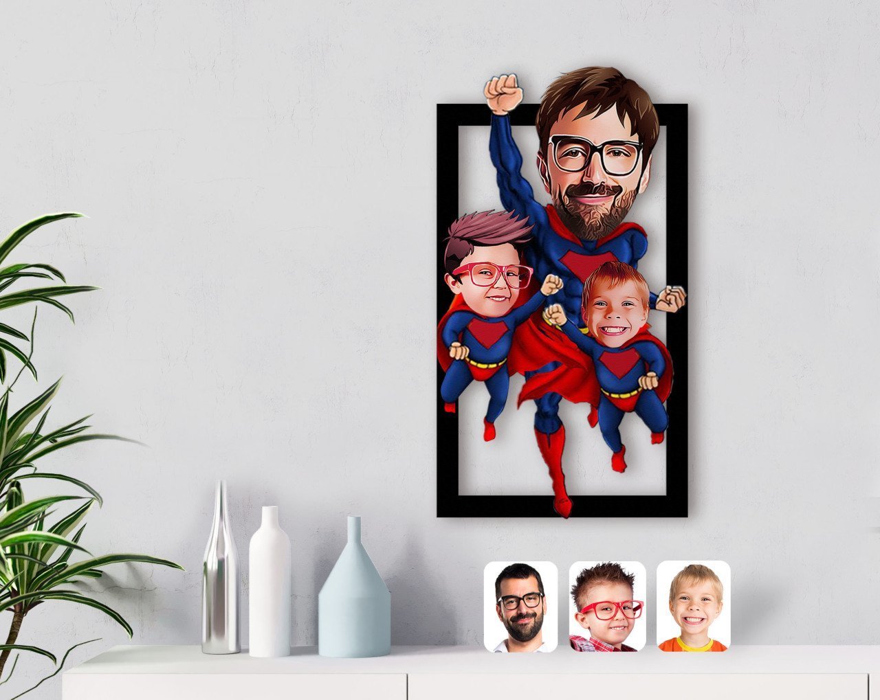 Kişiye Özel Süper Baba 2 Çocuk Karikatürlü 3D Ahşap Tablo-1