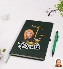 Kişiye Özel Kadın Avukat Karikatürlü Yeşil Termo Deri Defter Kalem Seti Model 4