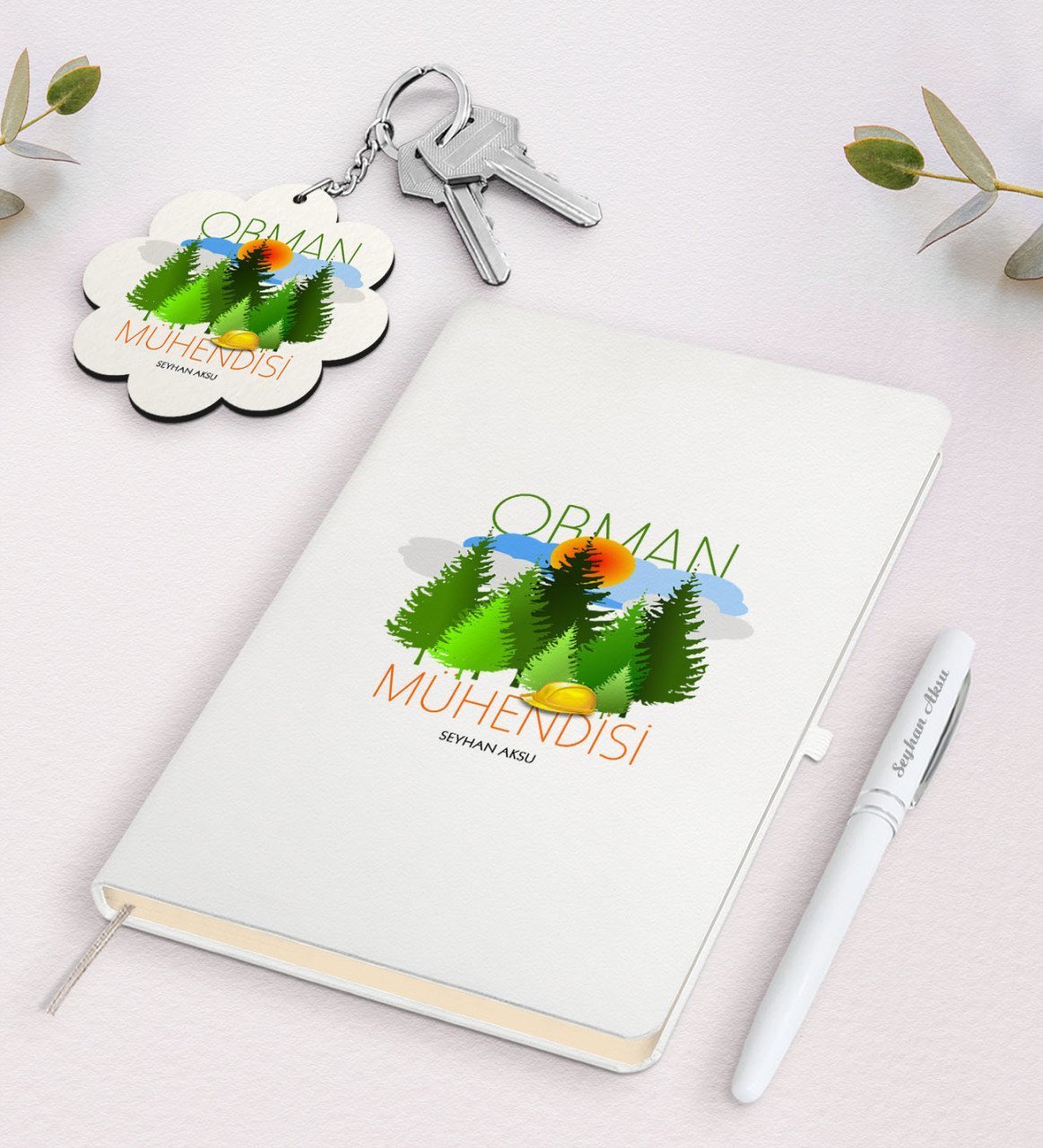 Kişiye Özel Orman Mühendisi Beyaz Defter Kalem ve Anahtarlık Hediye Seti