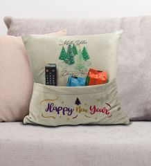 BK Gift Kişiye Özel Yılbaşı Tasarımlı Organizer Kumanda ve Atıştırmalık Cepli Krem Kırlent Yastık, Yılbaşı Hediyesi- 4, Yeni Yıl Hediyeleri