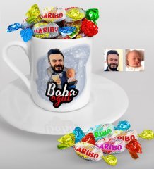 Kişiye Özel Baba-Oğul Karikatürlü Türk Kahvesi Fincanı ve Haribo Şeker Hediye Seti-4