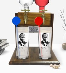 Kişiye Özel Renkli Baskılı Atatürk Temalı İkili Vodka Bardağı ve Çift Musluklu Doğal Ahşap Vodka Standı-14