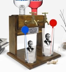 Kişiye Özel Renkli Baskılı Atatürk Temalı İkili Vodka Bardağı ve Çift Musluklu Doğal Ahşap Vodka Standı-14