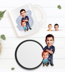 Kişiye Özel Baba Oğul Karikatürlü Beyaz Kupa ve Ahşap Bardak Altlığı Hediye Seti-2