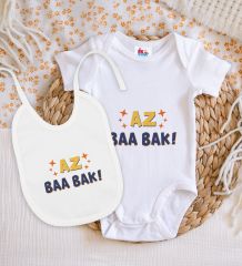 BK Kids Az Baa Bak Tasarımlı Beyaz Bebek Body Zıbın ve Mama Önlüğü Hediye Seti-1