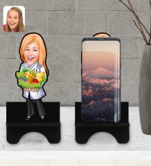 Kişiye Özel Kadın Diyetisyen Karikatürlü Ahşap Biblo Telefon Standı-1