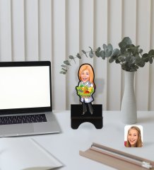 Kişiye Özel Kadın Diyetisyen Karikatürlü Ahşap Biblo Telefon Standı-1