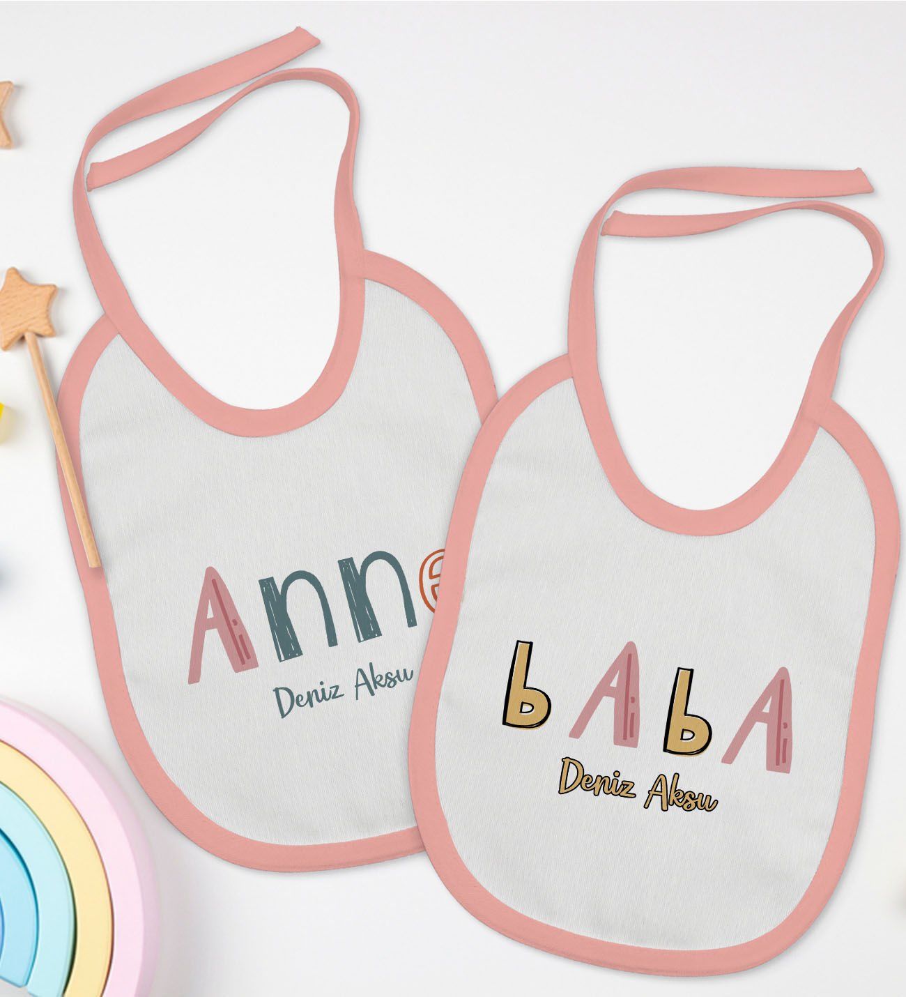 BK Kids Kişiye Özel Anne ve Baba Tasarımlı 2’li Pembe Mama Önlüğü-4