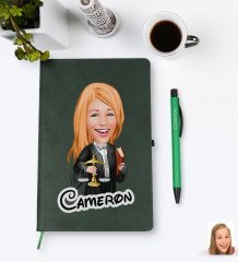 Kişiye Özel Kadın Avukat Karikatürlü Yeşil Termo Deri Defter Kalem Seti Model 1