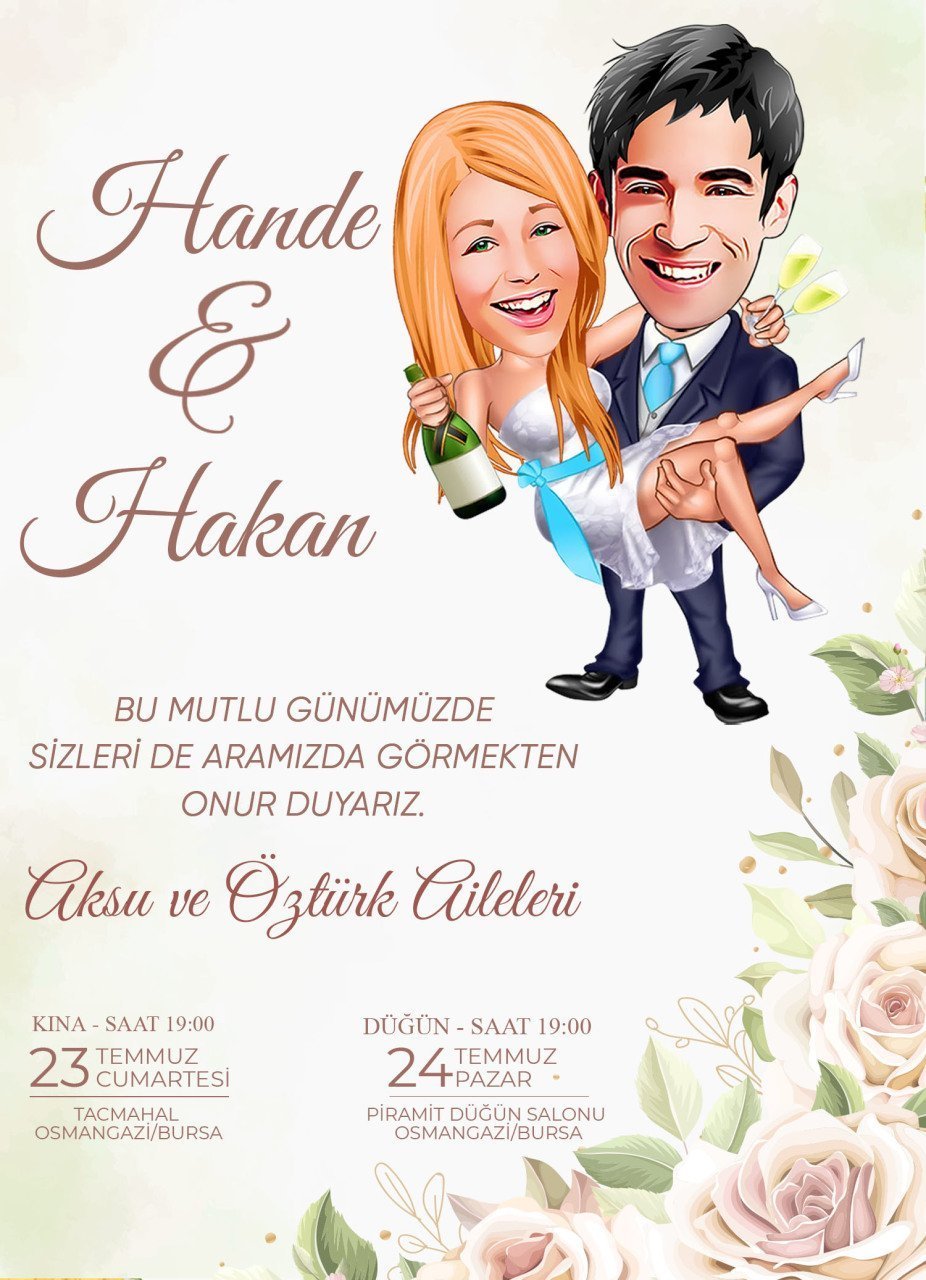 Kişiye Özel Karikatürlü Bitmeyen Düğün Davetiyesi Model 18