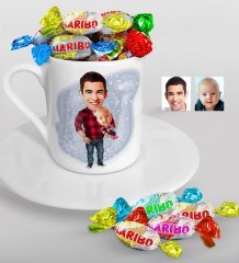 Kişiye Özel Baba-Oğul Karikatürlü Türk Kahvesi Fincanı ve Haribo Şeker Hediye Seti-3