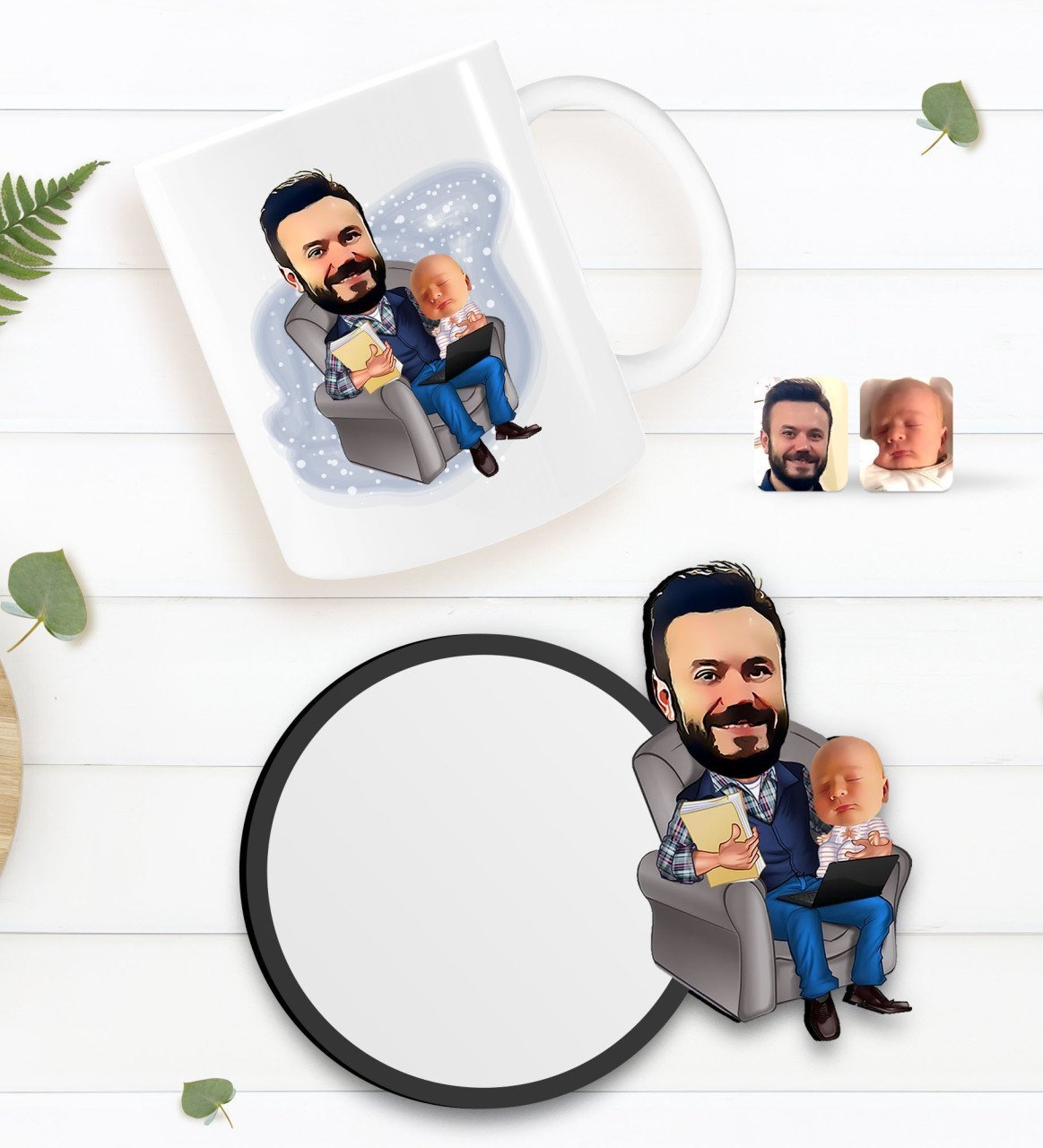 Kişiye Özel Baba Oğul Karikatürlü Beyaz Kupa ve Ahşap Bardak Altlığı Hediye Seti-1