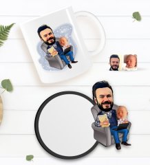 Kişiye Özel Baba Oğul Karikatürlü Beyaz Kupa ve Ahşap Bardak Altlığı Hediye Seti-1