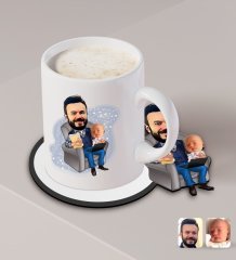 Kişiye Özel Baba Oğul Karikatürlü Beyaz Kupa ve Ahşap Bardak Altlığı Hediye Seti-1