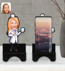 Kişiye Özel Kadın Diş Hekimi Karikatürlü Ahşap Biblo Telefon Standı-1
