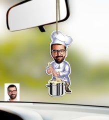 Kişiye Özel Bay Aşçı Karikatürlü Ahşap Araba Dikiz Ayna Süsü