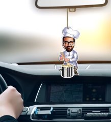 Kişiye Özel Bay Aşçı Karikatürlü Ahşap Araba Dikiz Ayna Süsü