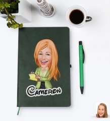 Kişiye Özel Kadın Asistan Karikatürlü Yeşil Termo Deri Defter Kalem Seti Model 2