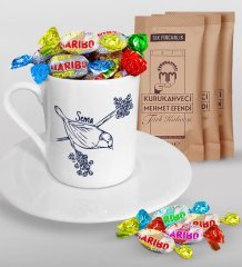 Kişiye Özel Sevgililer Günü Türk Kahvesi Fincanı Mehmet Efendi Kahve ve Haribo Şeker Hediye Seti-83