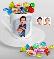 Kişiye Özel Baba-Oğul Karikatürlü Türk Kahvesi Fincanı ve Haribo Şeker Hediye Seti-2
