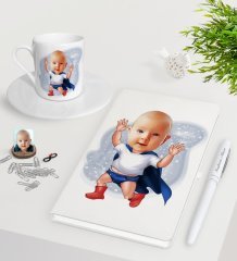Kişiye Özel Bebek Karikatürlü Beyaz Defter Kalem Türk Kahvesi Fincanı Seti-3