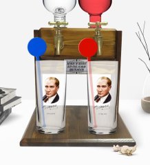 Kişiye Özel Renkli Baskılı Atatürk Temalı İkili Vodka Bardağı ve Çift Musluklu Doğal Ahşap Vodka Standı-12