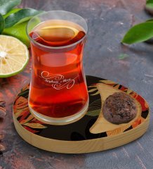 Kişiye Özel Yapraklar Tasarımlı Doğal Ahşap Tabaklı Heybeli Çay Bardağı Sunum Seti Model 11