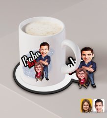 Kişiye Özel Baba Kız Karikatürlü Beyaz Kupa ve Ahşap Bardak Altlığı Hediye Seti-3