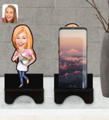 Kişiye Özel Kadın Chef Karikatürlü Ahşap Biblo Telefon Standı-1