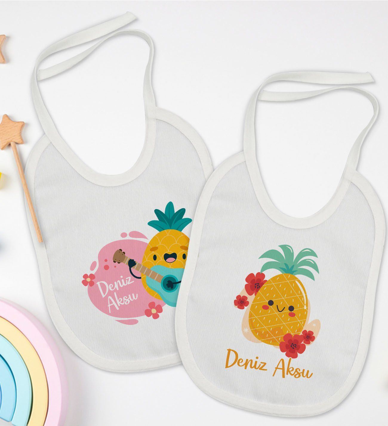 BK Kids Kişiye Özel Sevimli Ananas Tasarımlı 2’li Beyaz Mama Önlüğü-1
