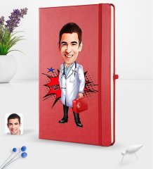 Kişiye Özel Erkek Doktor Karikatürlü Kırmızı Termo Deri Defter 16x24cm Model 4