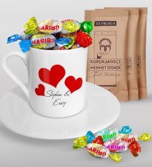 Kişiye Özel Sevgililer Günü Türk Kahvesi Fincanı Mehmet Efendi Kahve ve Haribo Şeker Hediye Seti-82