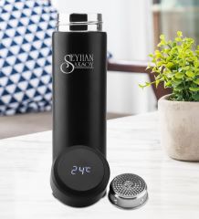 Kişiye Özel Dijital Sıcaklık Göstergeli Süzgeçli Siyah Termos 450ml