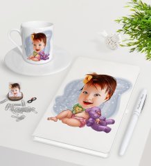 Kişiye Özel Bebek Karikatürlü Beyaz Defter Kalem Türk Kahvesi Fincanı Seti-2