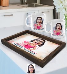 Kişiye Özel Dünya Tatlısı Karikatürlü Doğal Ahşap Tepsi ve 2’li Kupa Bardak Seti-1