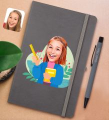 BK Gift Kişiye Özel Öğretmen Karikatürlü Gri Termo Deri Defter ve Metal Versatil Kalem(0,7 Kurşun) Hediye Seti-6