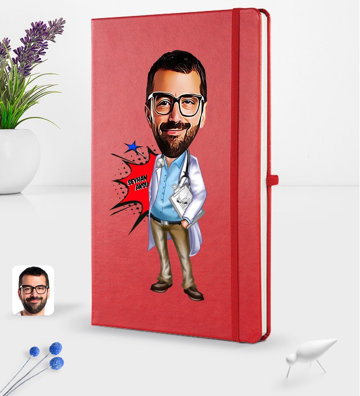 Kişiye Özel Erkek Doktor Karikatürlü Kırmızı Termo Deri Defter 16x24cm Model 3