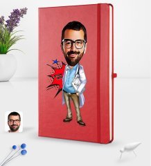 Kişiye Özel Erkek Doktor Karikatürlü Kırmızı Termo Deri Defter 16x24cm Model 3