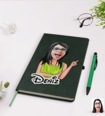 Kişiye Özel Kadın Karikatürlü Yeşil Termo Deri Defter Kalem Seti Model 19