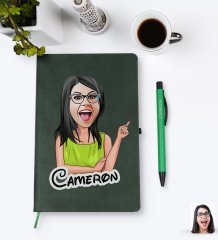 Kişiye Özel Kadın Karikatürlü Yeşil Termo Deri Defter Kalem Seti Model 19