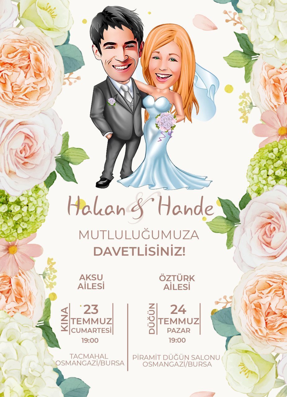 Kişiye Özel Karikatürlü Bitmeyen Düğün Davetiyesi Model 13