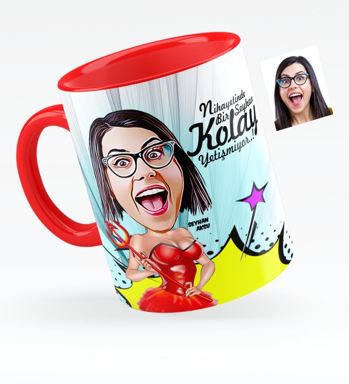 Kişiye Özel Bayan Karikatürlü Kırmızı Kupa Bardak - 4