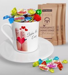Kişiye Özel Sevgililer Günü Türk Kahvesi Fincanı Mehmet Efendi Kahve ve Haribo Şeker Hediye Seti-81
