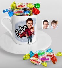 Kişiye Özel Baba-Kız Karikatürlü Türk Kahvesi Fincanı ve Haribo Şeker Hediye Seti-4