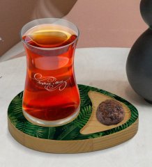 Kişiye Özel Yapraklar Tasarımlı Doğal Ahşap Tabaklı Heybeli Çay Bardağı Sunum Seti Model 9