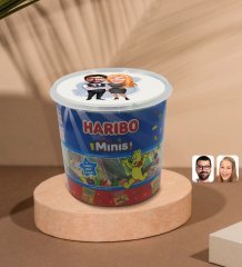 Kişiye Özel Sevgililer Karikatürlü Dev Boy Haribo Minis Kovası (10gx100adet) Model 100