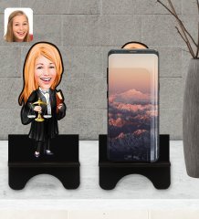 Kişiye Özel Kadın Avukat Karikatürlü Ahşap Biblo Telefon Standı-1