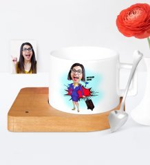 Kişiye Özel Kabin Memuru Hostes Karikatür Ahşap Altlıklı Seramik Fincan - 2