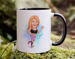 Bk Gift Kişiye Özel Kadın Koşucu Karikatürlü Siyah Kupa Bardak-2, Sevgiliye Hediye, Arkadaşa Hediye