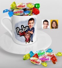 Kişiye Özel Baba-Kız Karikatürlü Türk Kahvesi Fincanı ve Haribo Şeker Hediye Seti-3